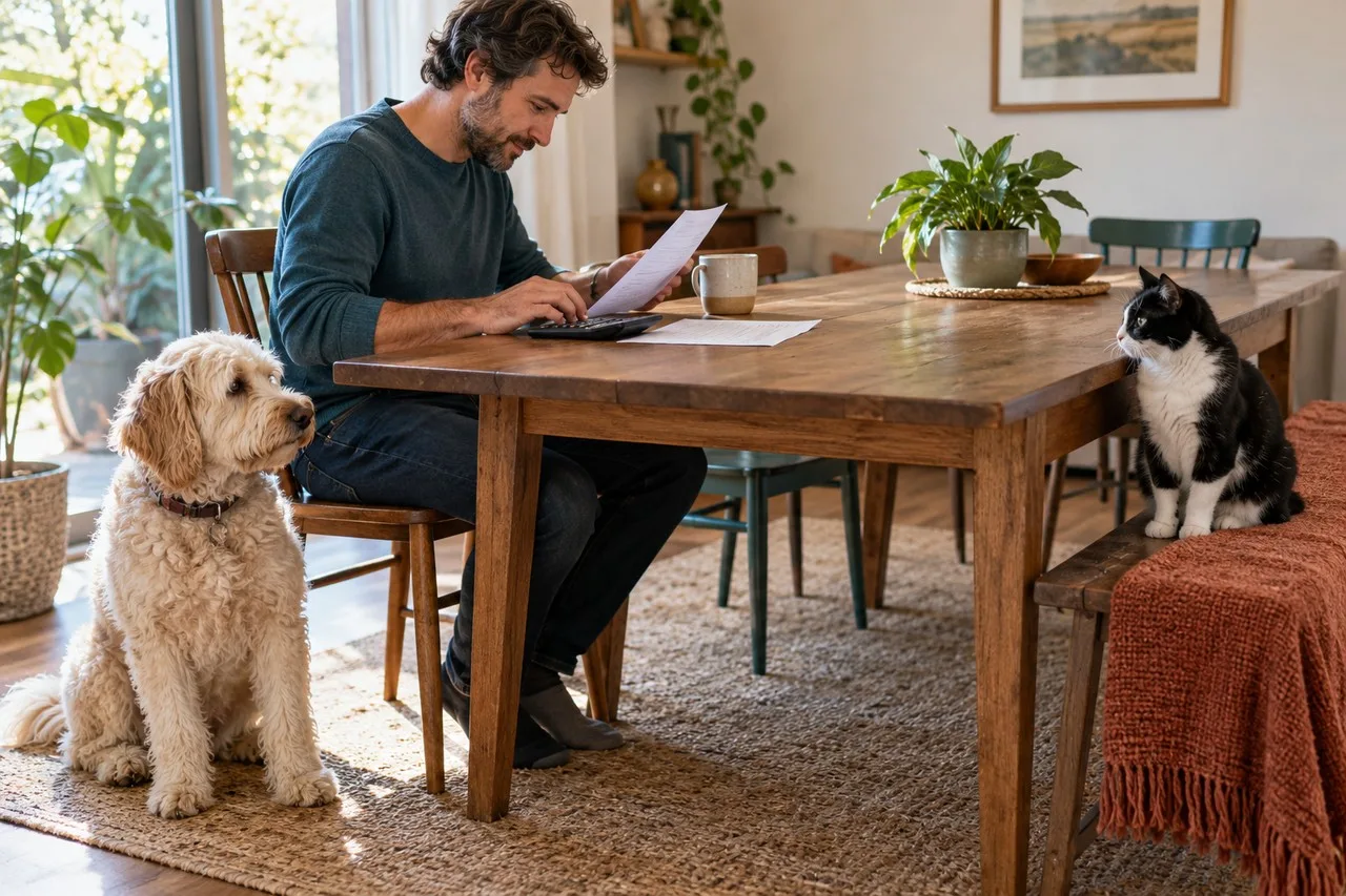 Owner reviewing papers at a table with a dog and a cat nearby